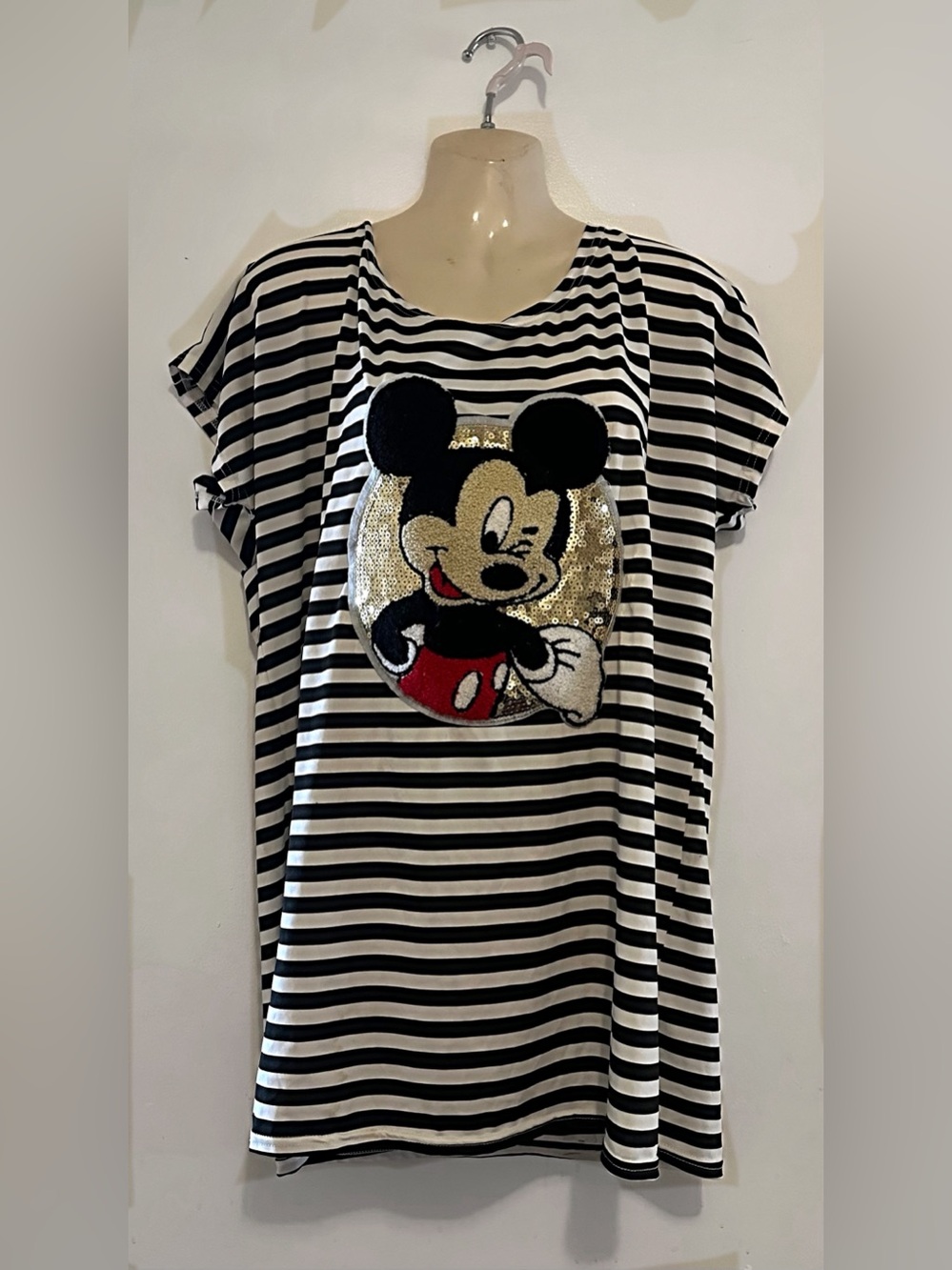 Black & White Striped Mickey Sequin Tee